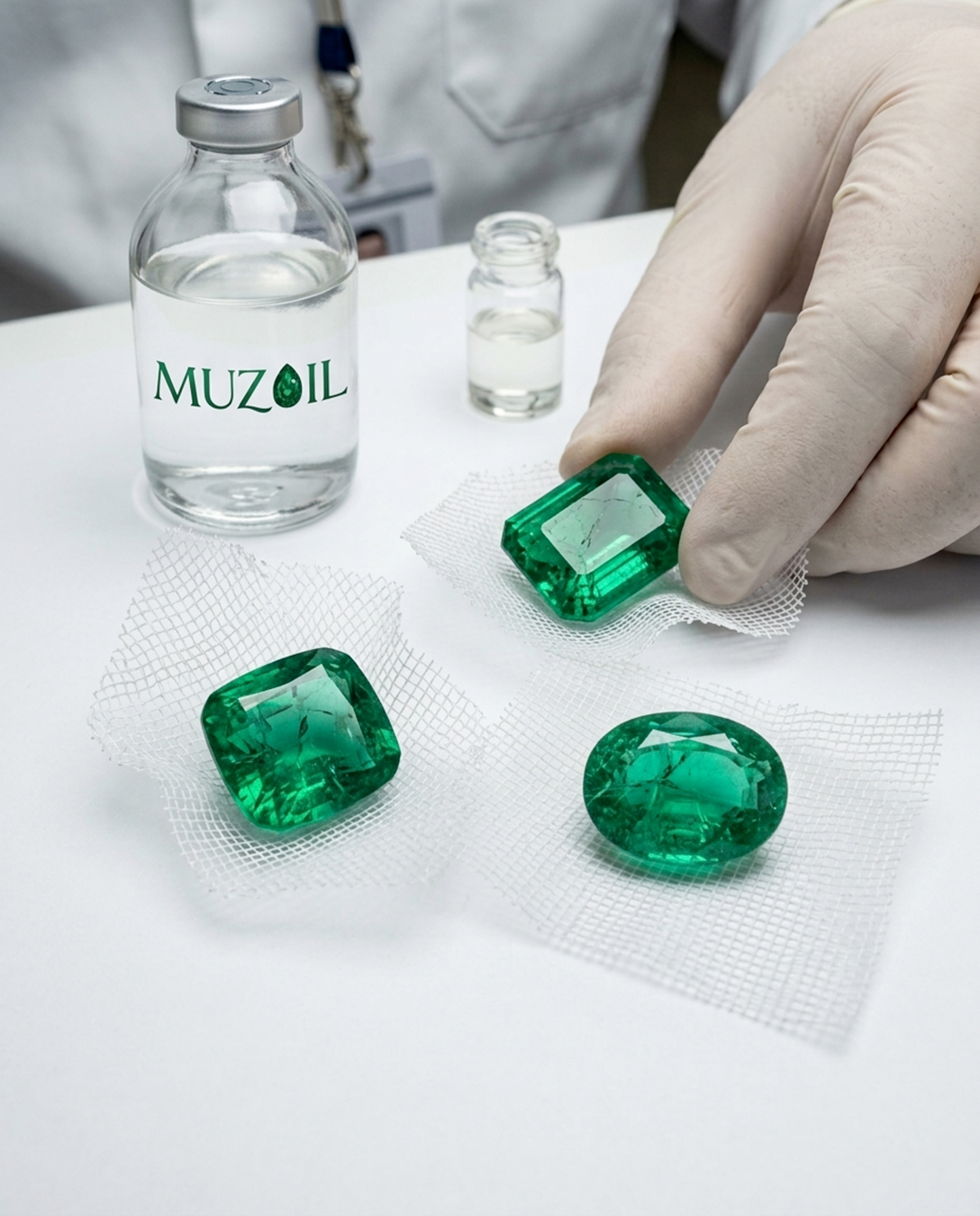 Muzoil oil and emeralds prepared for clarity enhancement