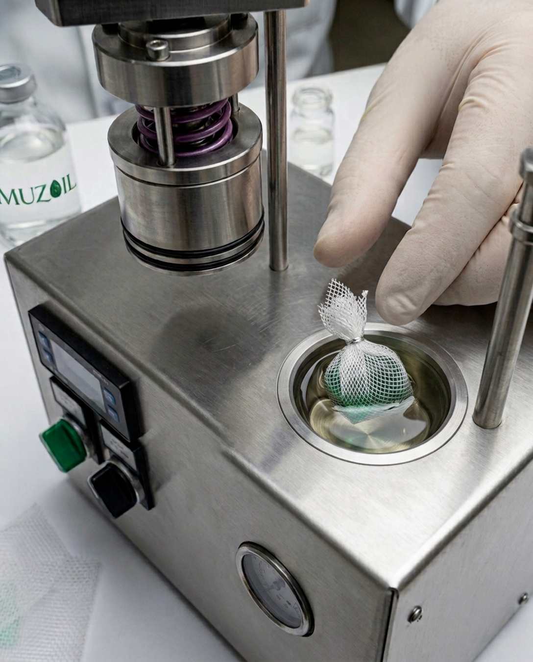 Emerald undergoing Muzoil treatment in laboratory equipment