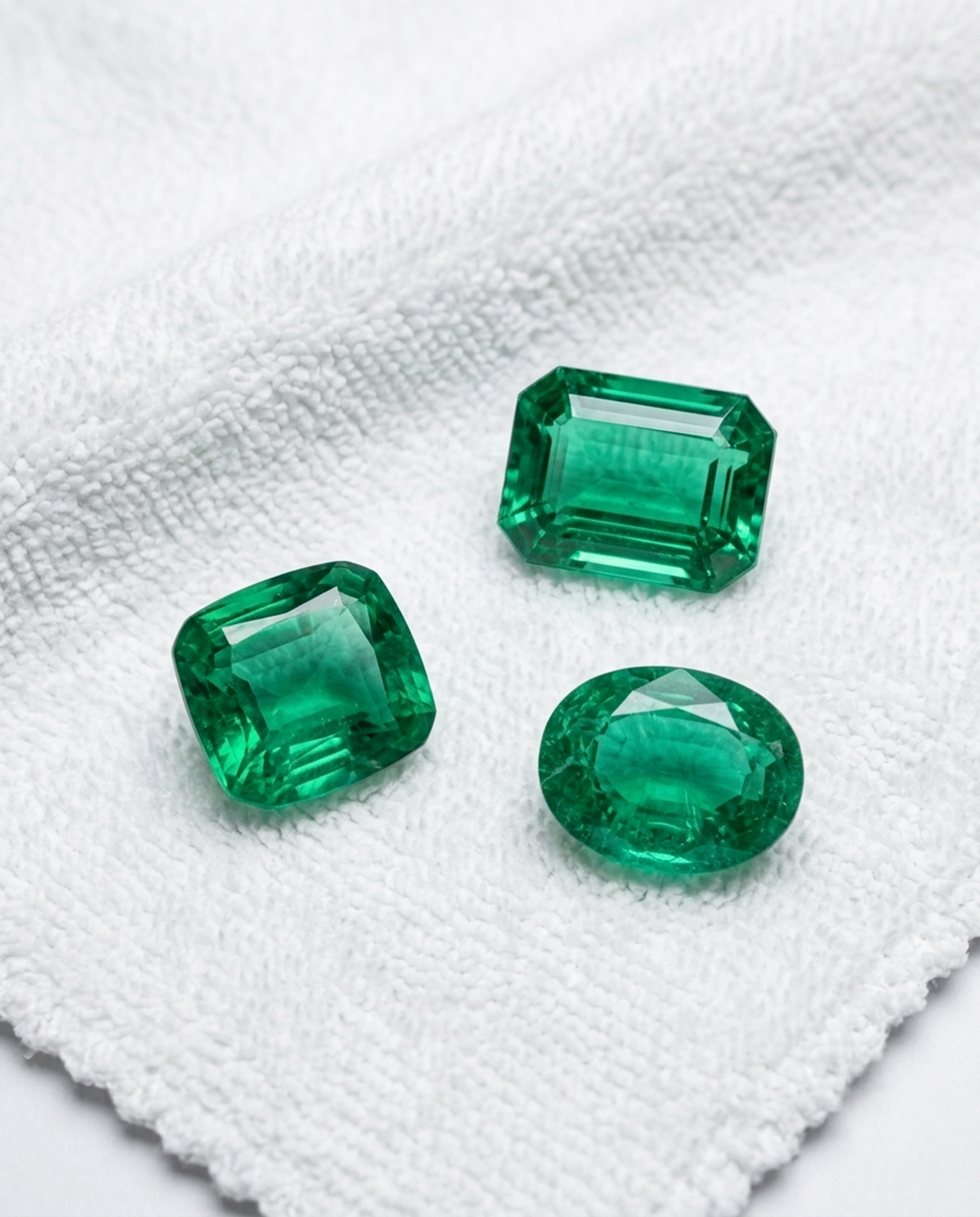 Three treated emeralds resting on a white cloth